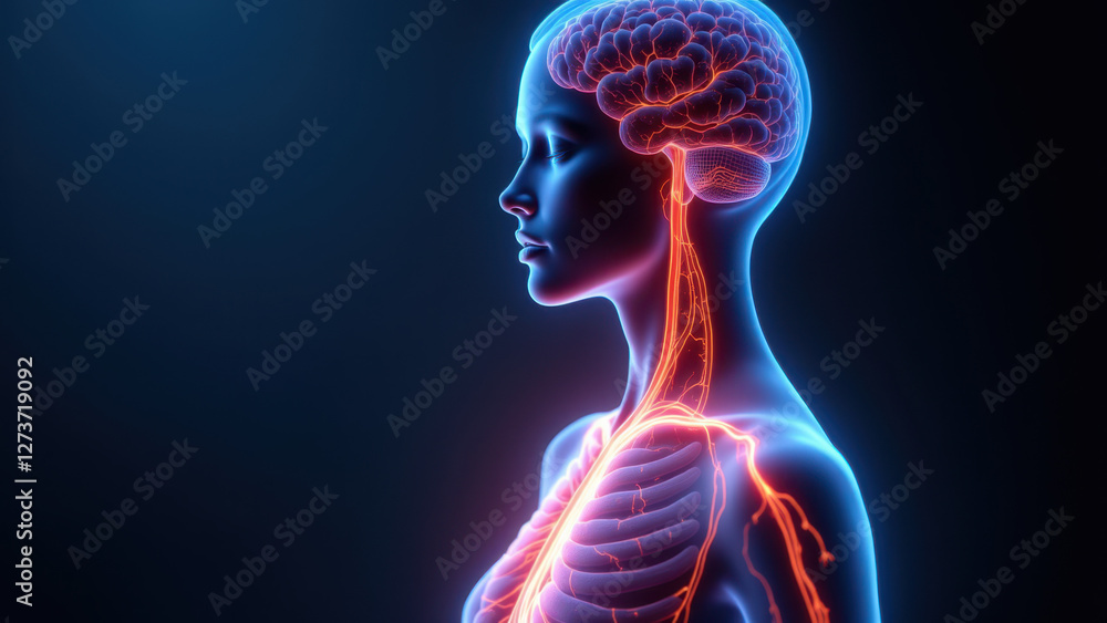 Poster a computer-generated image of a human body with highlighted internal organs and neural pathways, foc