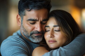 Loving indian man hugging, comforting and supporting his wife feeling sad and depressed, unhappy couple having relationship trouble