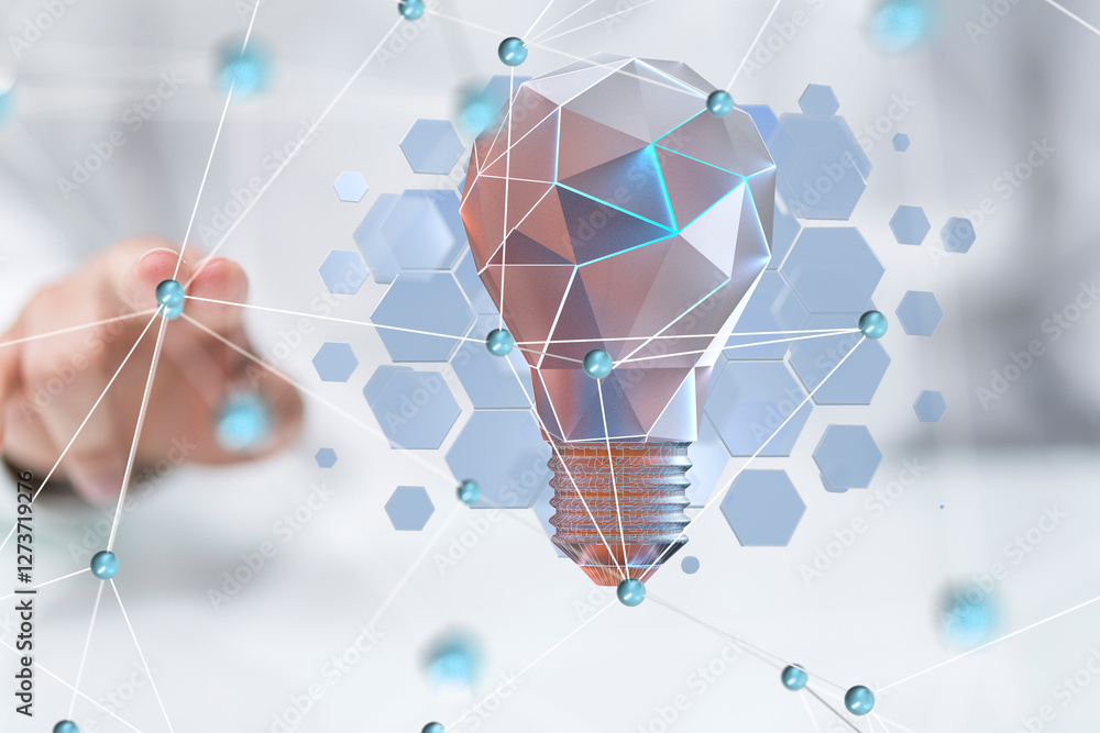 Poster Neural network 3D illustration. Big data and cybersecurity