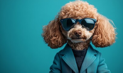 A poodle in a blue suit and sunglasses on a blue background