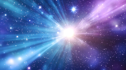 Fototapeta premium A blue background with light purple and white lines of stars, light beams 