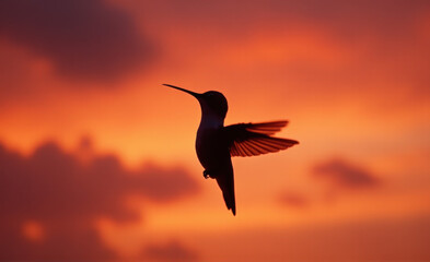 Fototapeta premium silhouette of humming bird flying in the sunset