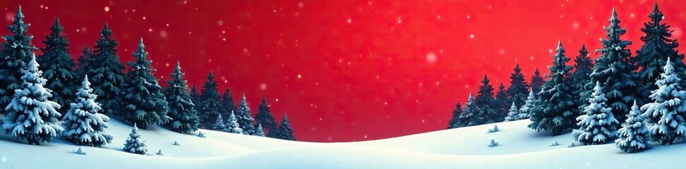 Winter forest landscape with evergreen trees and snow-covered branches on a subtle red Christmas theme, forest, snow