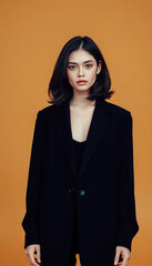 Fototapeta premium Confident woman with dark hair wearing a black blazer against a warm orange background.