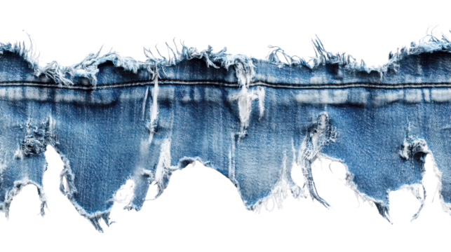 A frayed denim strip showcasing distressed texture and bold blue hues.