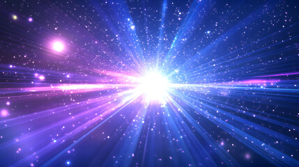 Fototapeta premium A blue background with light purple and white lines of stars, light beams 