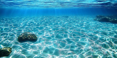 Stunning Underwater Shot Featuring Clear Turquoise Waters with Rocks and Sunlight Reflections : Generative AI