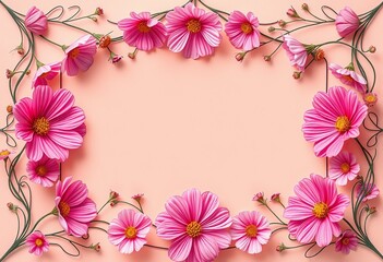 Pink Cosmos Flowers Frame Pastel Background
