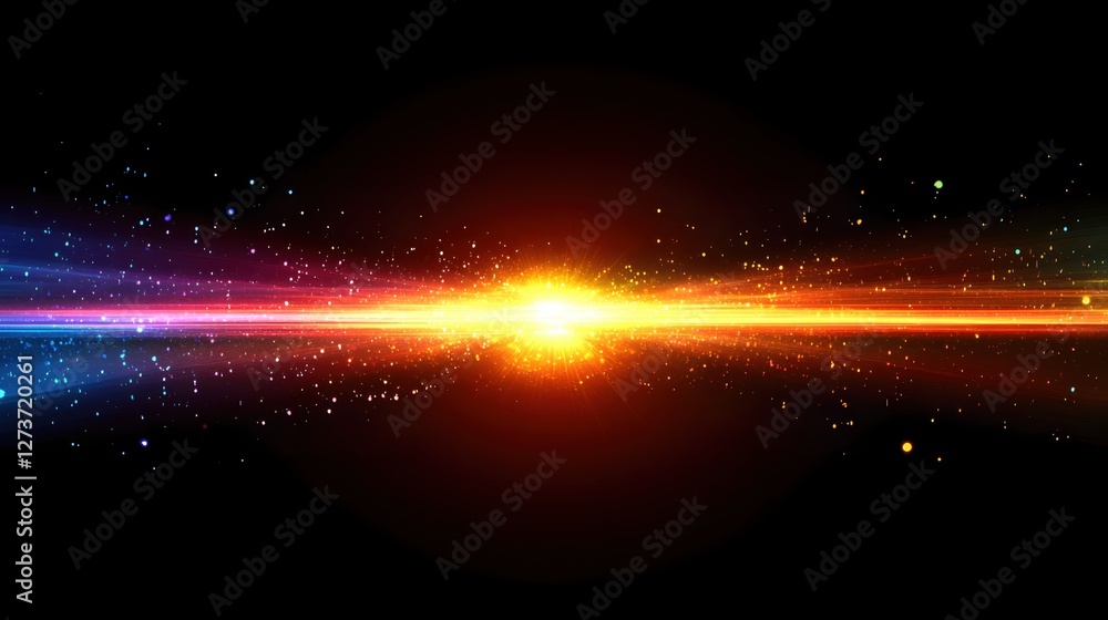 Poster brilliant light burst with colorful particle stream in deep space abstract background