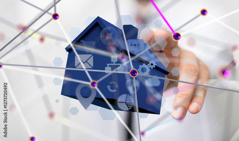 Aufkleber home data. Digital cyberspace with particles and Digital data network connections concept. - 3d