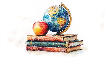 Watercolor illustration of a globe with an apple resting on a set of books, soft light casting a warm glow on the apple, delicate brushstrokes bringing life to the objects