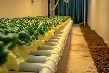 Obraz premium Well Maintained Hydroponic Lettuce Growth System with Green Leaves and Soil Base : Generative AI
