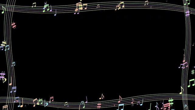 虹色の五線譜と音符が画面を囲うアルファチャンネル付きフレーム素材 Music Staves and Notes in Rainbow Colors Surrounding the Screen, Frames with Alpha Channel CG
