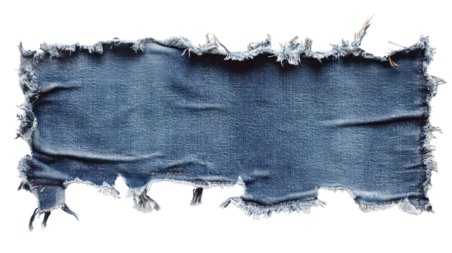 A piece of frayed denim fabric showcasing its texture and distressed edges.