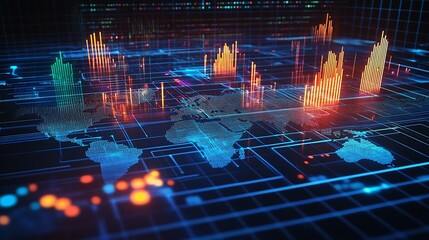 Dynamic Data Visualization Overlaid on a Map Representation with Colorful Bar Graphs and Information : Generative AI