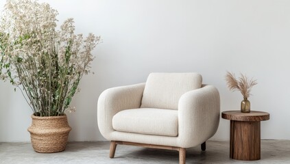 Photo of a beige armchair and side table against an empty white wall mockup, creating space for text or product placement.