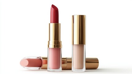 A stylish display of three lip products featuring a vibrant red lipstick and two glossy liquid lipsticks in chic packaging.