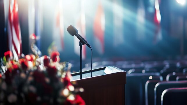 Inaugural ceremony with a podium set up for a speech. Featuring importance and formality