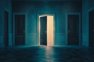 Obraz premium In a dark room, an open wooden door allows bright light to shine through