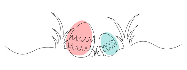 One continuous line drawing of colored Easter eggs in grass. Happy Easter banner. Editable stroke, simple, doodle design, vector illustration