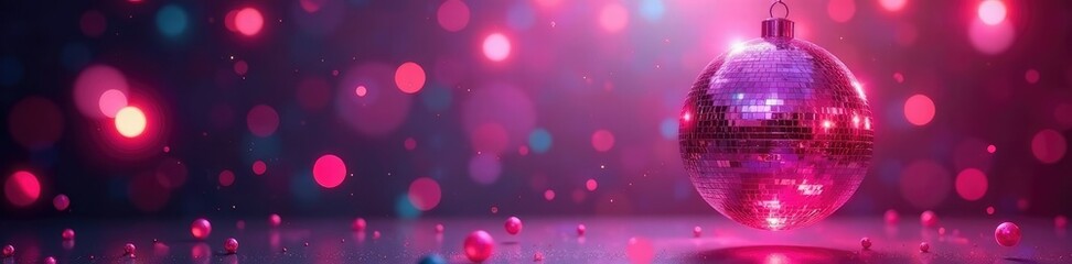 Pink disco ball suspended in mid-air above a festive scene, holiday, sparkling