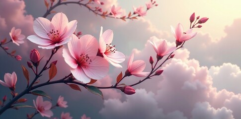 Fototapeta premium wispy cloud tendrils entwine delicate flowers, foggy misty nature surreal, floral forms, gentle curves