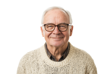 senior Caucasian man with glasses wearing sweater and smiling warmly isolated on transparent white background