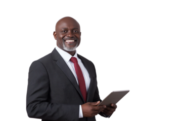 confident African-American businessman in suit smiling and holding tablet isolated on transparent white background