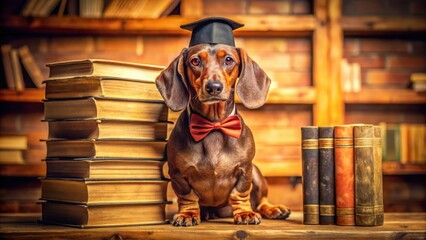 A charming dachshund in academic attire sits proudly amidst a collection of antique books, symbolizing the pursuit of knowledge and the joy of learning.