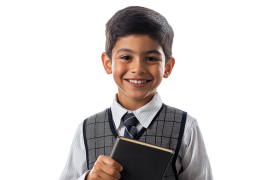 young Hispanic boy in school uniform holding book and smiling isolated on transparent white background