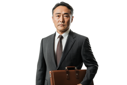  serious Asian businessman in suit holding briefcase and looking confident isolated on transparent white background