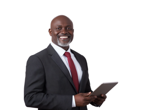 confident African-American businessman in suit smiling and holding tablet isolated on transparent white background