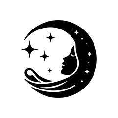 Obraz premium Minimalist Black Silhouette Beauty Parlor Logo with Crescent Moon and Star on White Background