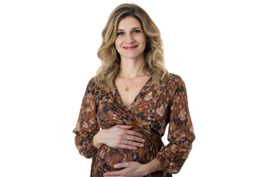 pregnant Caucasian woman in floral dress cradling her belly and smiling isolated on transparent white background