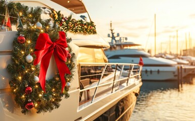 Obraz premium The marina at sunset provides a peaceful setting for a festively decorated boat, complete with a Christmas wreath and various adornments
