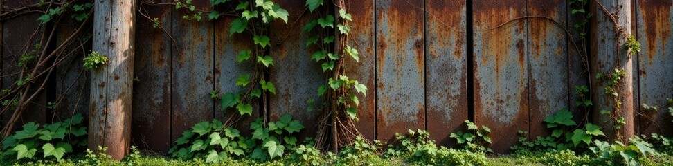 Ancient wooden post leaning against rusty metal fence covered in ivy, rust, branches, vines