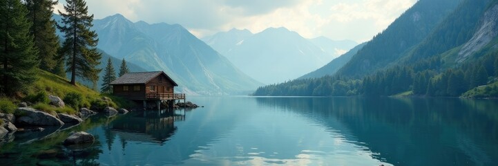An isolated cabin on the shores of a peaceful lake, solitude, isolated cabin, serene landscape