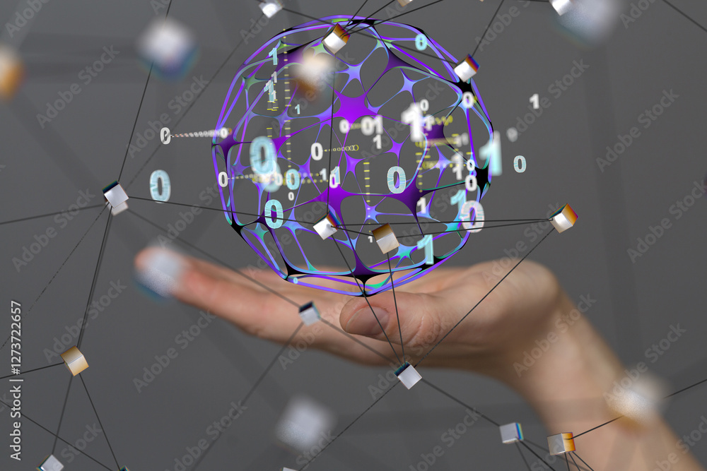 Aufkleber Global network. Blockchain. 3D illustration. Neural networks and artificial intelligence. Abstract  3d