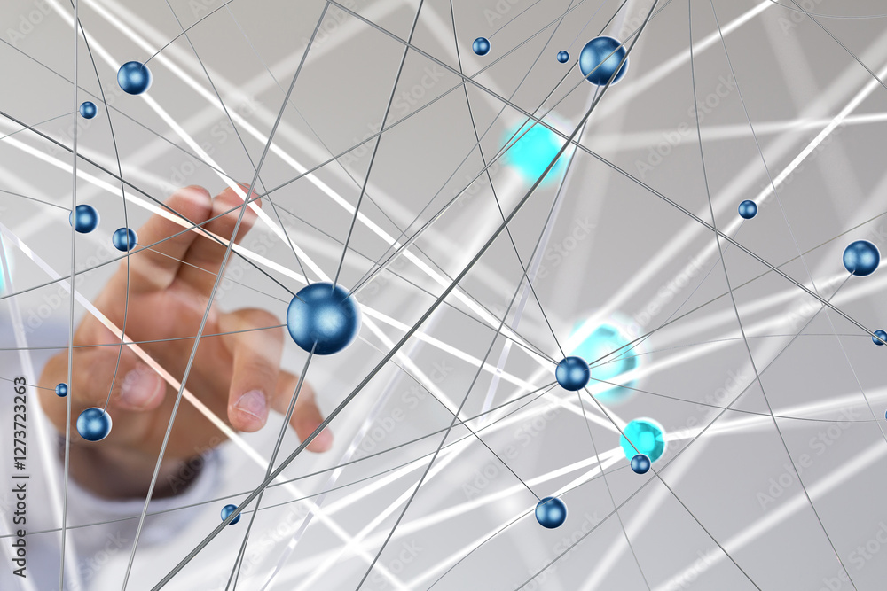 Poster Global network. Blockchain. 3D illustration. Neural networks and artificial intelligence. Abstract