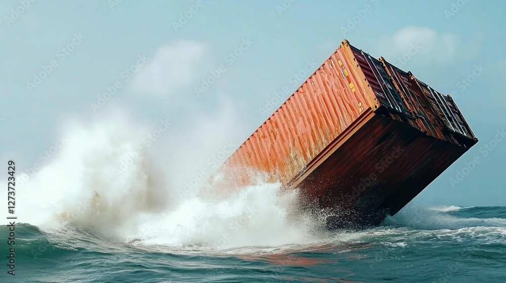 Aufkleber a shipping container partially submerged in turbulent ocean waves.
