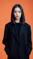 Fototapeta premium Confident brunette woman in a black oversized blazer, posing against an orange background.