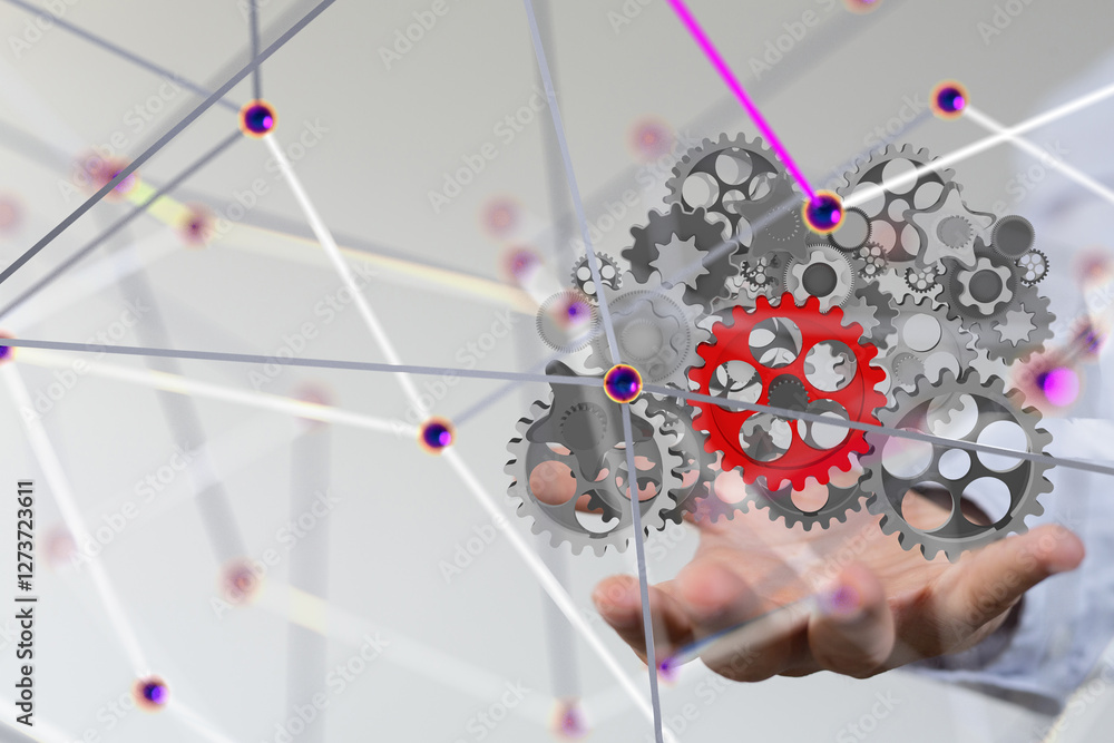 Poster gear system data. Connecting lines and dots.Big data visualization  - 3d
