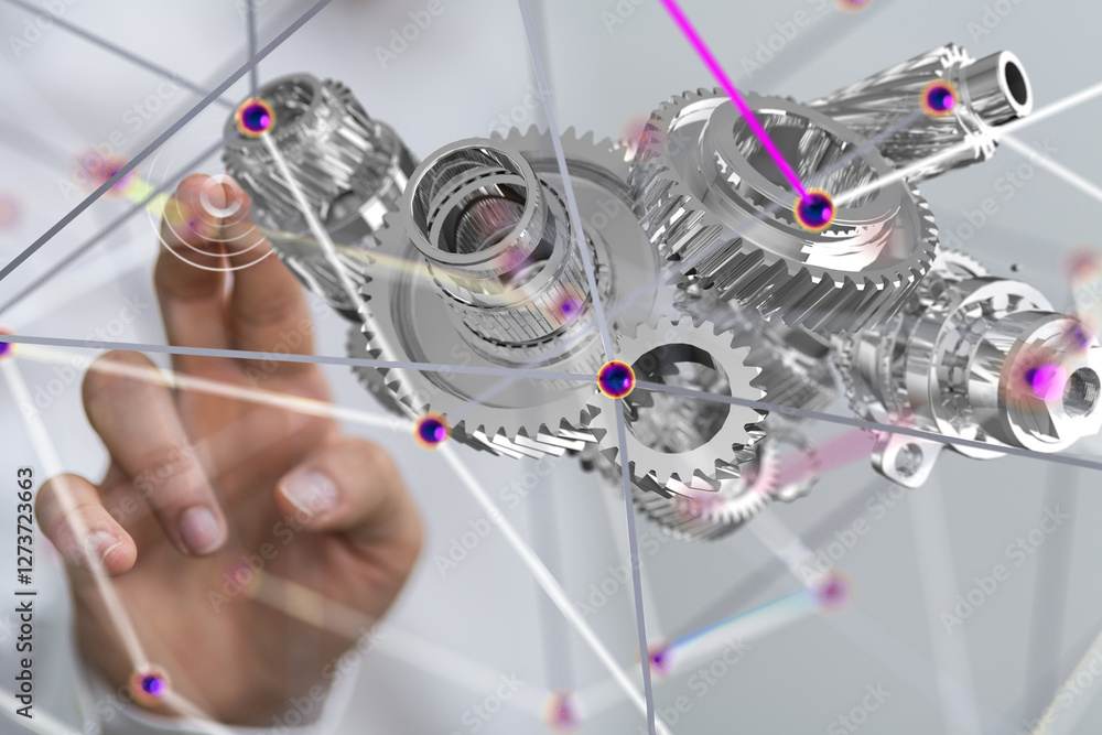 Poster gear system data. Connecting lines and dots.Big data visualization  - 3d