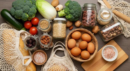 A top-down view of a rustic wooden table covered with an assortment of eco-friendly foods. Freshly baked whole-grain bread, a wooden bowl of mixed nuts, ripe avocados, colorful bell peppers, and farm-
