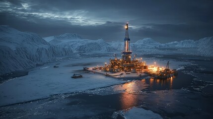 Obraz premium Oil rig operation in arctic waters industry photography nighttime environment aerial view energy production concept