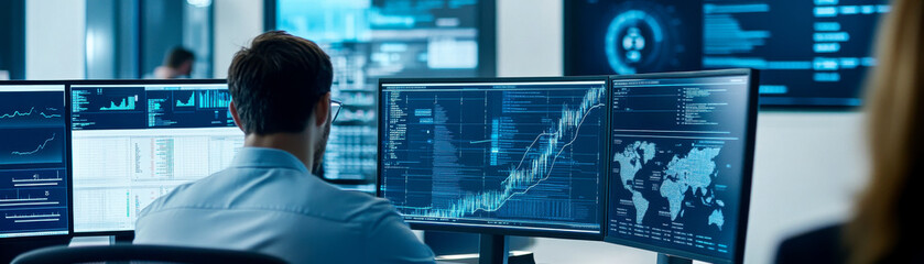 Fototapeta premium A person analyzes data on multiple screens in a modern office, showcasing graphs and world maps related to analytics and technology.