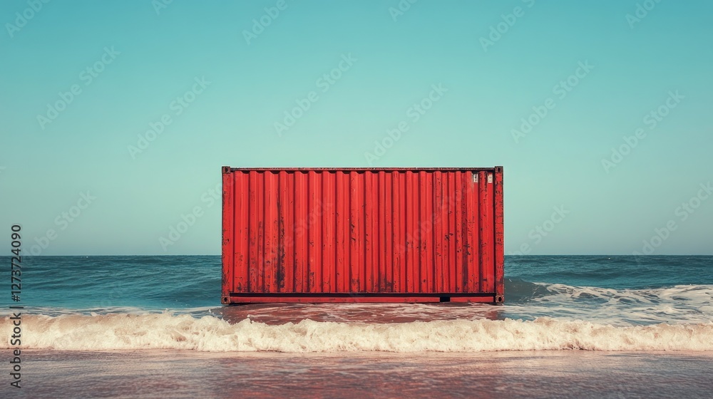 Poster a red shipping container partially submerged in ocean waves under a clear blue sky.