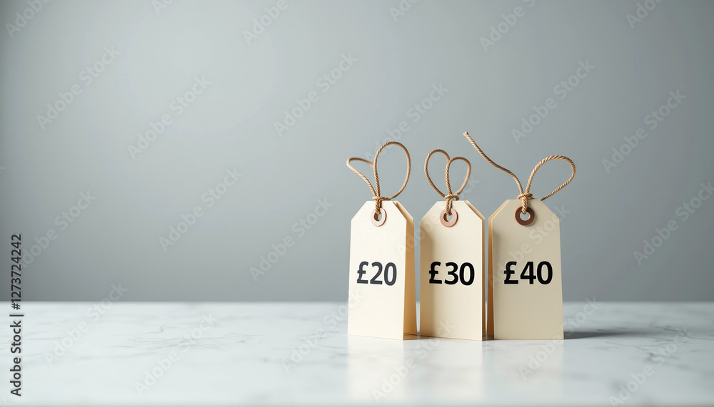 Poster neatly arranged price tags with varying amounts on white table against plain gray background