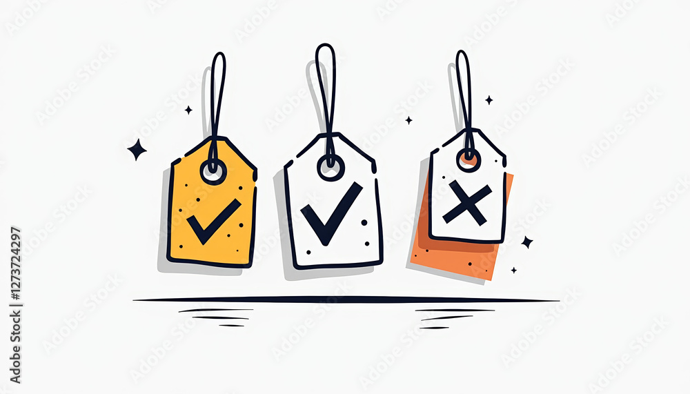Poster minimalist modern depiction of price tags with checkmarks on white background