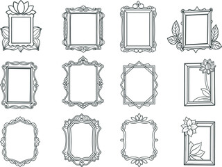 Black and white silhouette floral photo frame border design with ornamemts in white background vector illustrator 